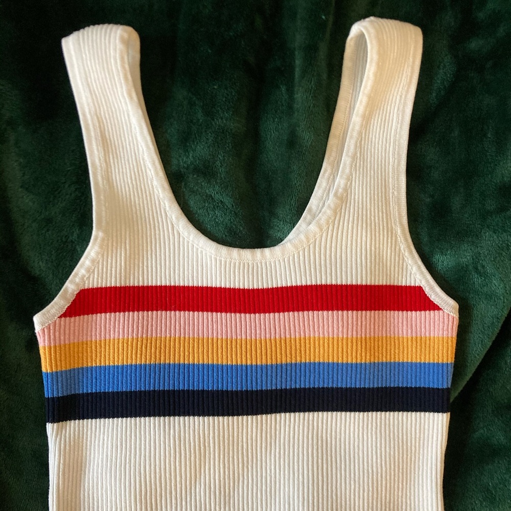 Vintage white ribbed tank with rainbow stripes